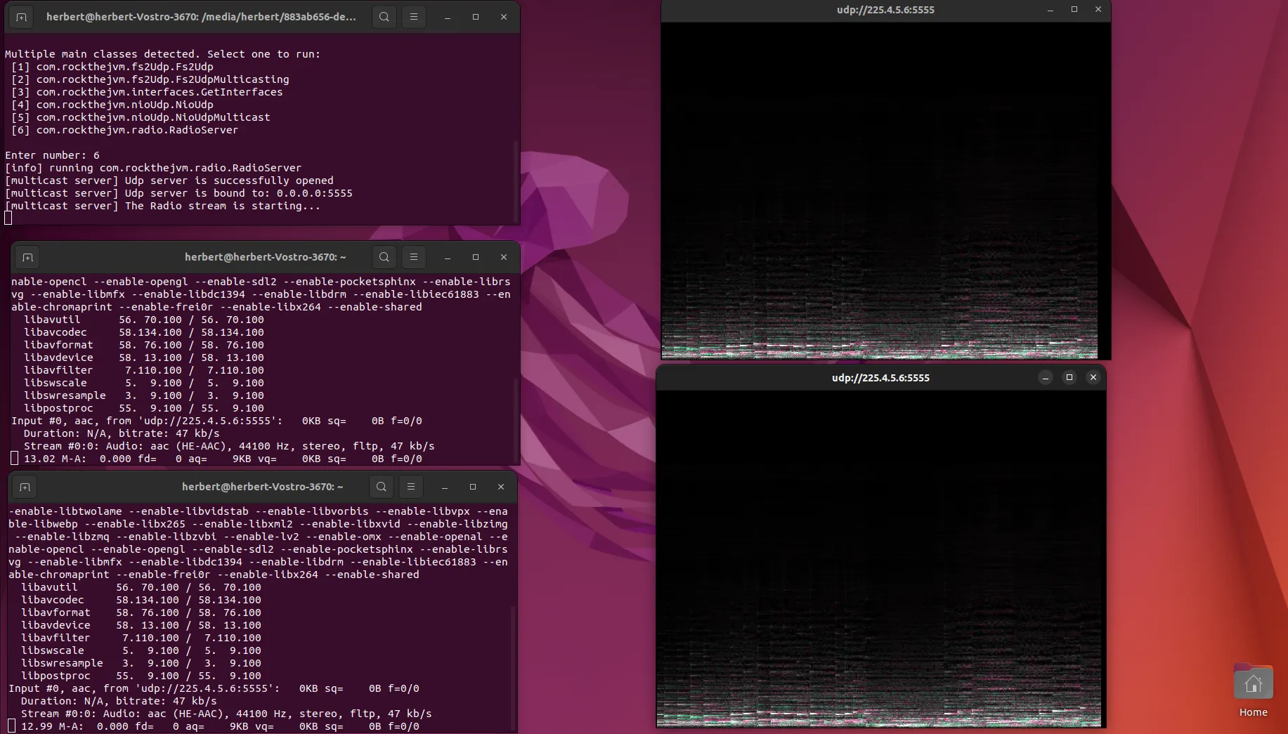 Screenshot of three terminals open and two audio visualizations